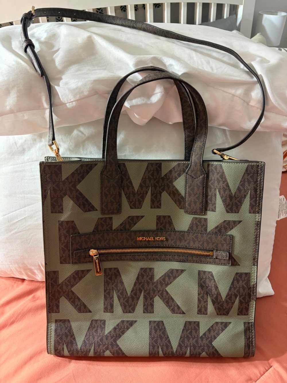 NWOT Michael Kors Kenly Large Olive Green & Brown Logo Tote